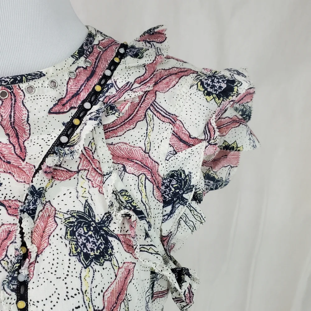 ISABEL MARANT 40 Unice Floral Print Ruffled Top Pink White Black Blouse Ecru - Picture 13 of 16